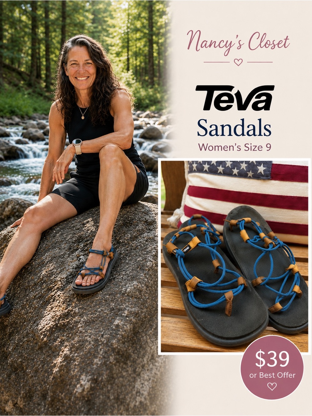 Teva Women’s Size 9 Blue Strappy Comfort Sandals Outdoor Walking